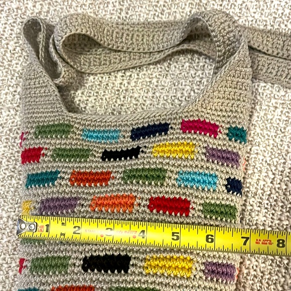 The Sak 121 Multicolor Tan Red Blue Crochet Knit Small Boho Crossbody Bucket Bag - Picture 7 of 13